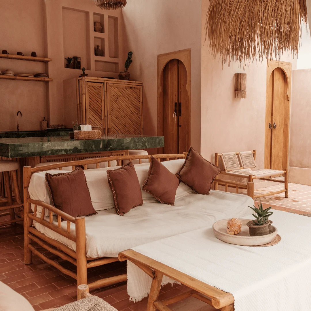 Rustic Living Room with Cane Chairs and Terracotta Decor
