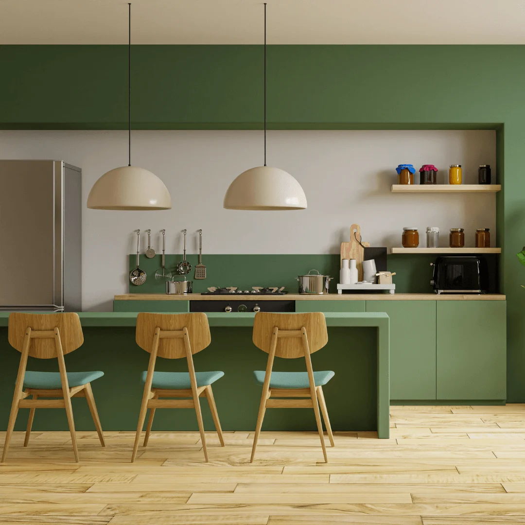 Stylish marble kitchen in cream and green.