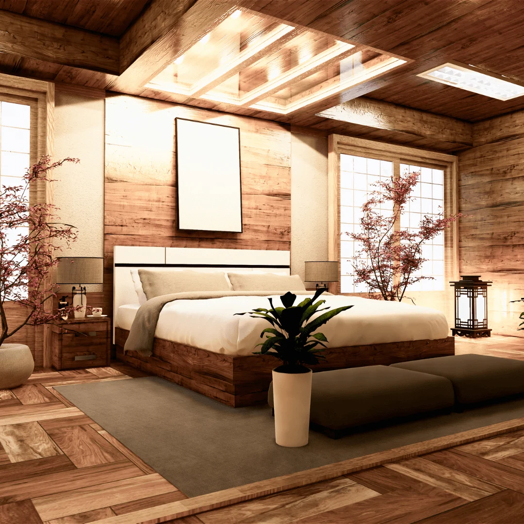 Modern Master Bedroom with Wooden Finishes and Soft Lighting.