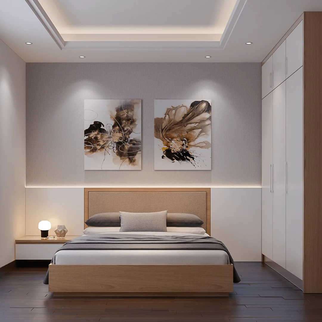 Compact Guest Bedroom with Wooden Accents and Ambient Lights.