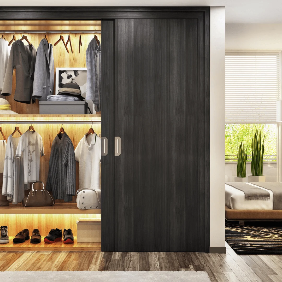 Matte Black Swing Wardrobe Design with Gold Handles and Mirror Panels