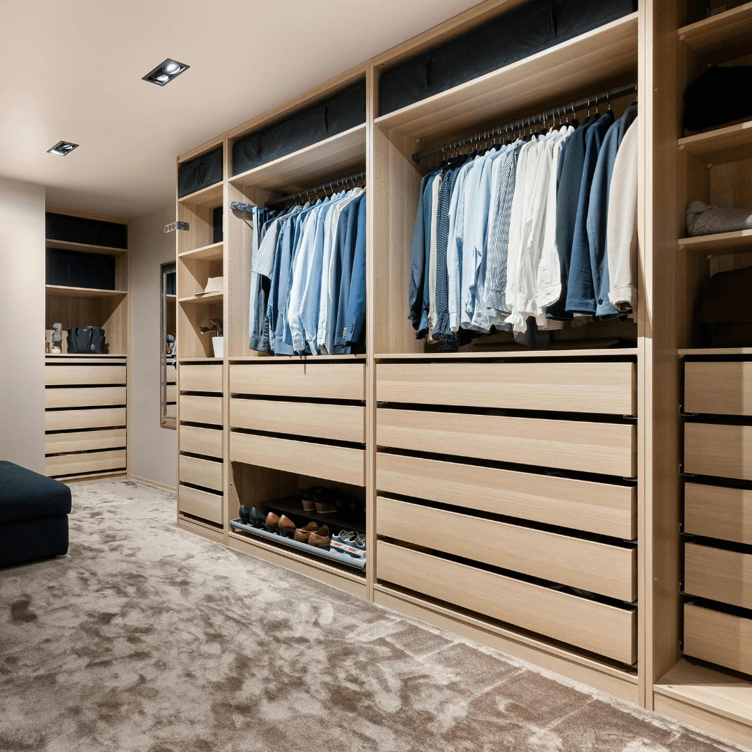 Classic Teak Wood Swing Wardrobe with Brass Knobs and Drawer Units