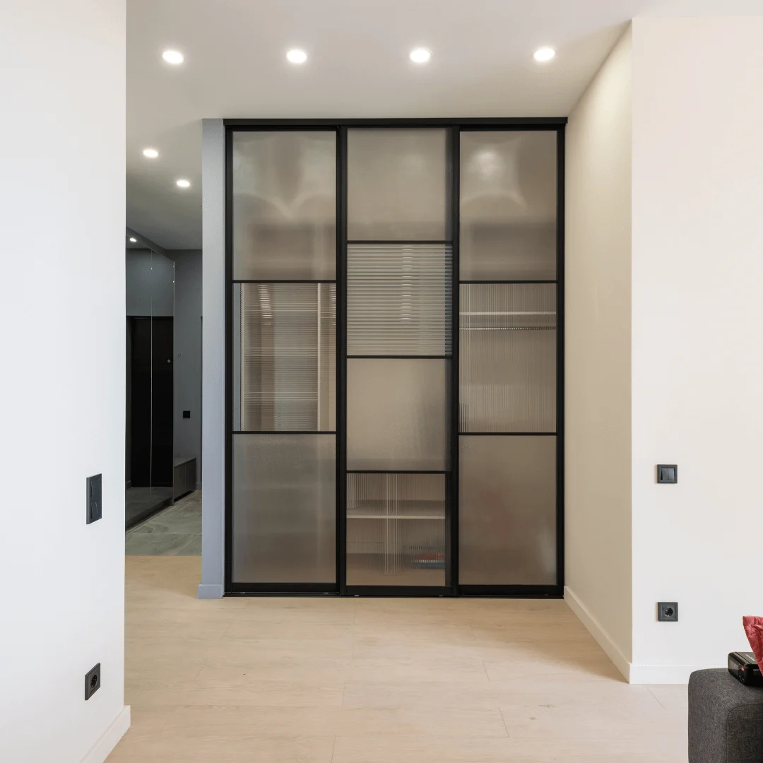 Contemporary Wooden Swing Wardrobe with Glass Inserts and Storage Loft