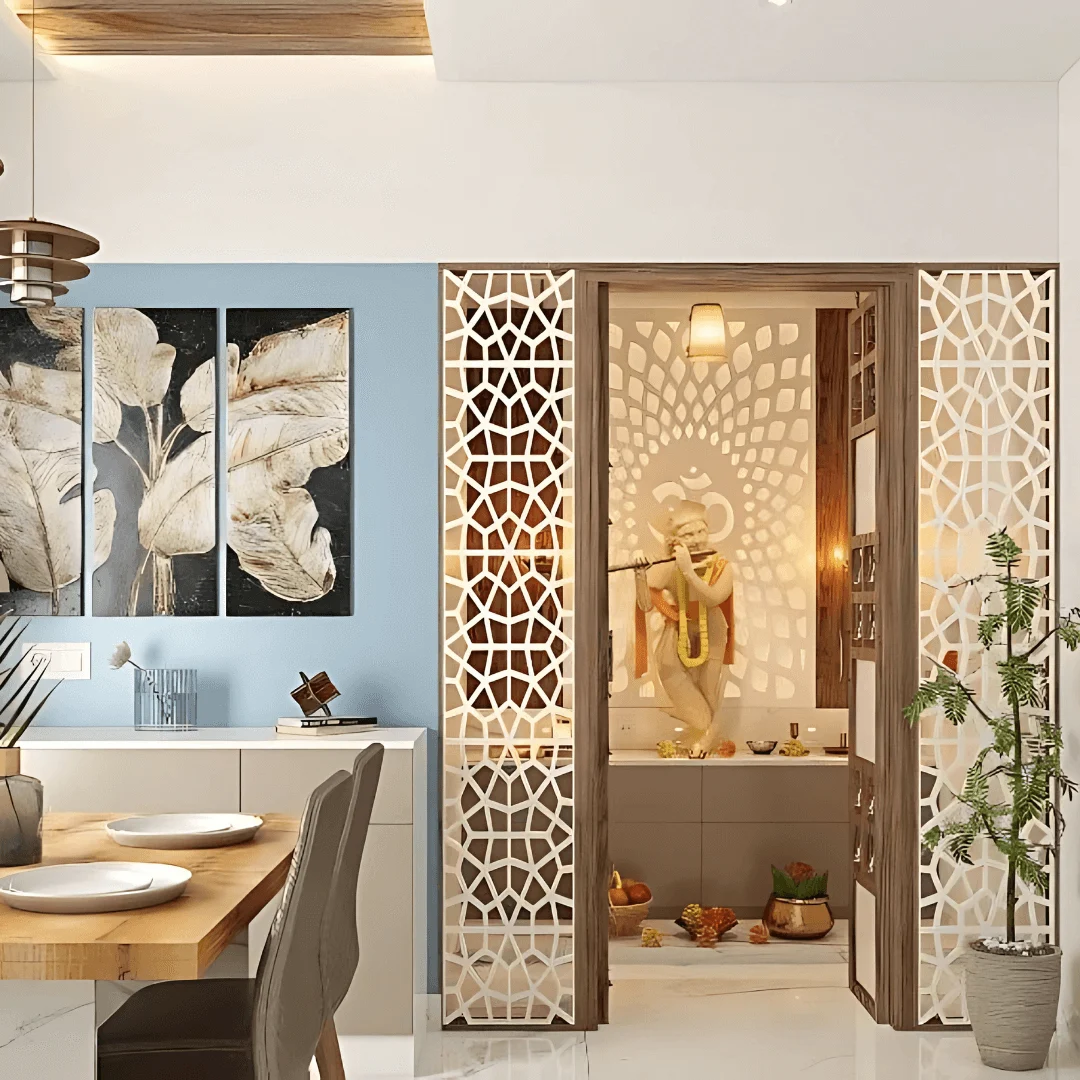 Divine Corner with White Mandir and Golden Accents